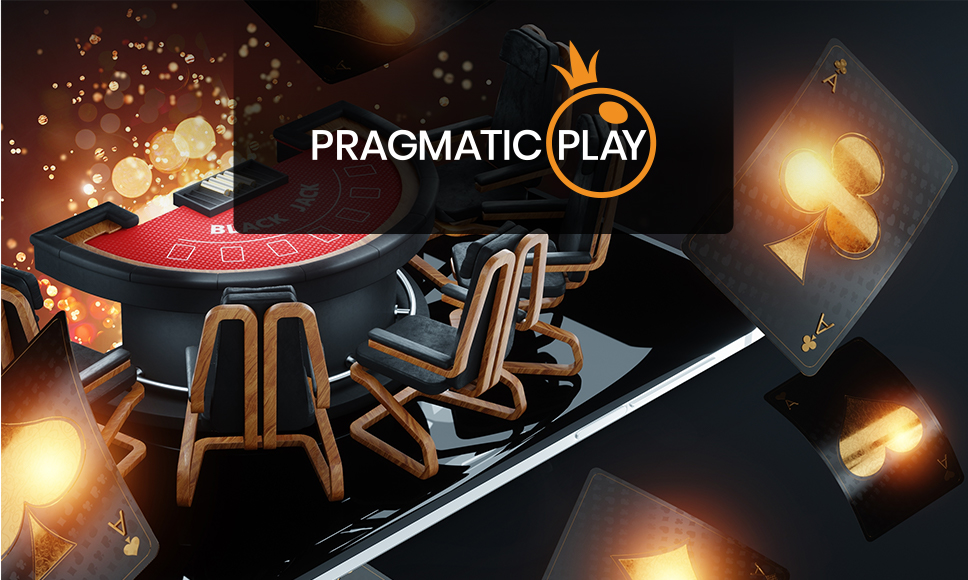 Tavolo da gioco, carte da gioco e logo Pragmatic Play