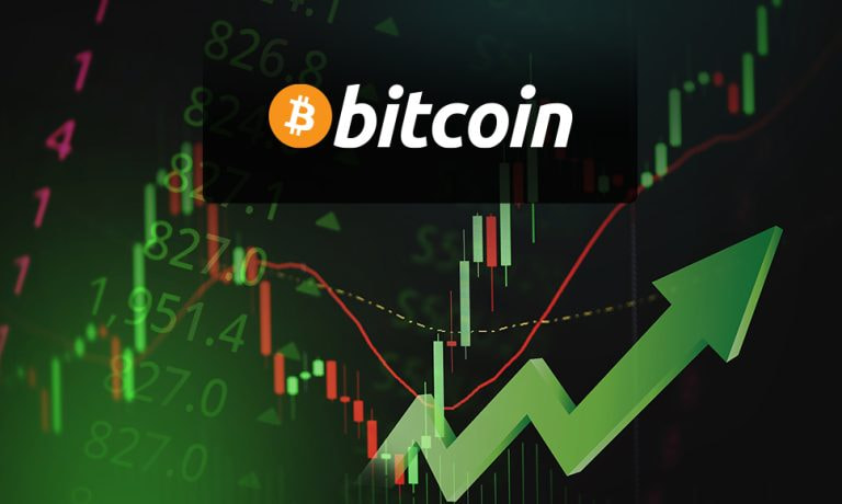 Grafici con freccia in salita, logo Bitcoin