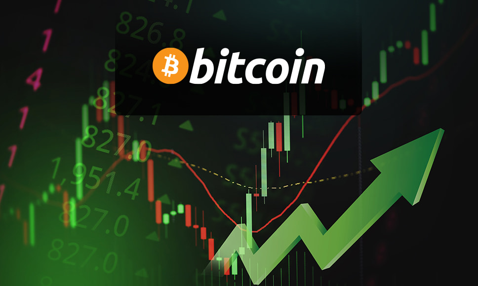 Grafici con freccia in salita, logo Bitcoin