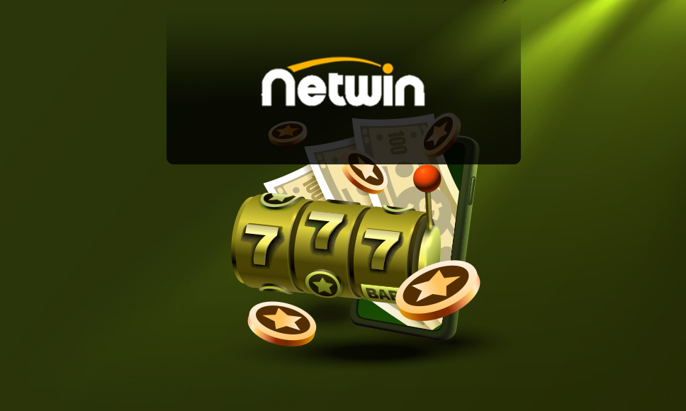 Illustrazione di uno schermo di smartphone con una slot machine dorata che mostra il simbolo 777, accompagnata da gettoni da casinò e banconote volanti. Sopra, il logo Netwin su sfondo verde con effetto riflettore.