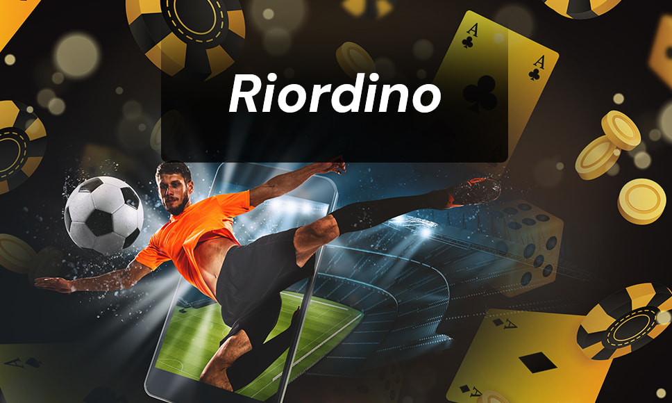 Scritta Riordino, con immagine calciatore, fiches e carte che simboleggiano il gambling.