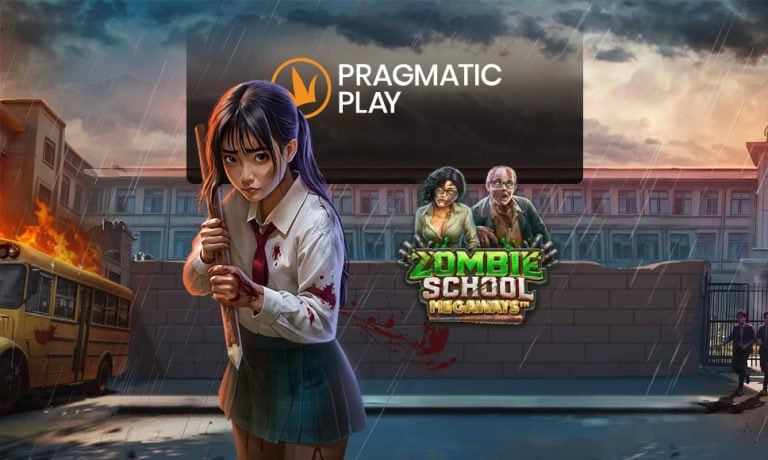 Logo Pragmatic Play e logo slot Zombie School Megaways con ragazza armata e scuola