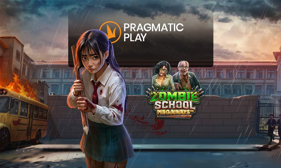 Logo Pragmatic Play e logo slot Zombie School Megaways con ragazza armata e scuola