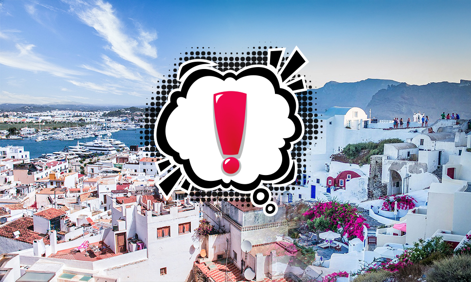 Panorami Ibiza e Santorini con fumetto con punto esclamativo