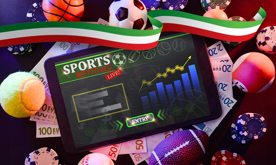 Tablet con sito di gioco online, con palloni sportivi, fiches da casinò e soldi.