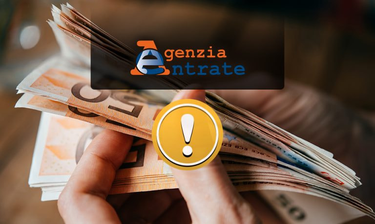Logo Agenzia delle Entrate, soldi e segnale pericolo