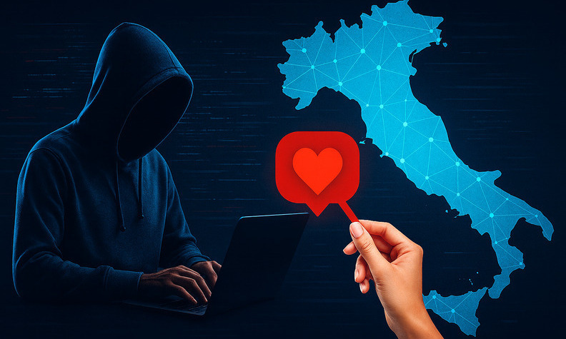 Uomo con il volto coperto al computer, cartina dell'Italia e mano che regge un cuore