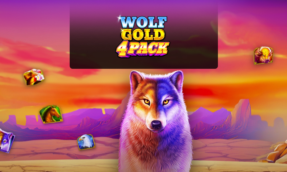 Logo della slot Wolf Gold 4 Pack con lupo e simboli con animali.