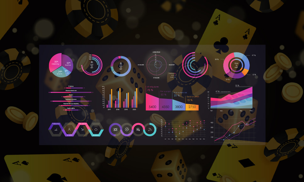 Grafici con carte da gioco, dadi e fiches da casinò.