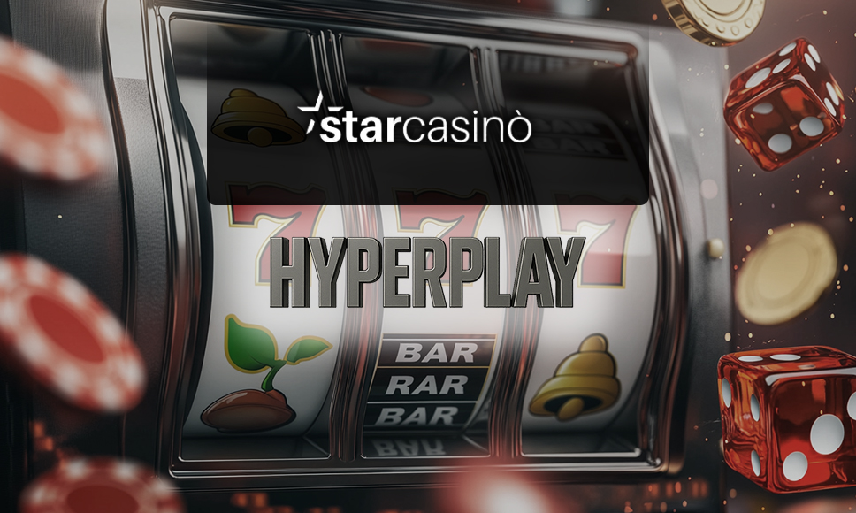 Logo StarCasinò e logo HiperPlay con slot, dadi e fiches da casinò.