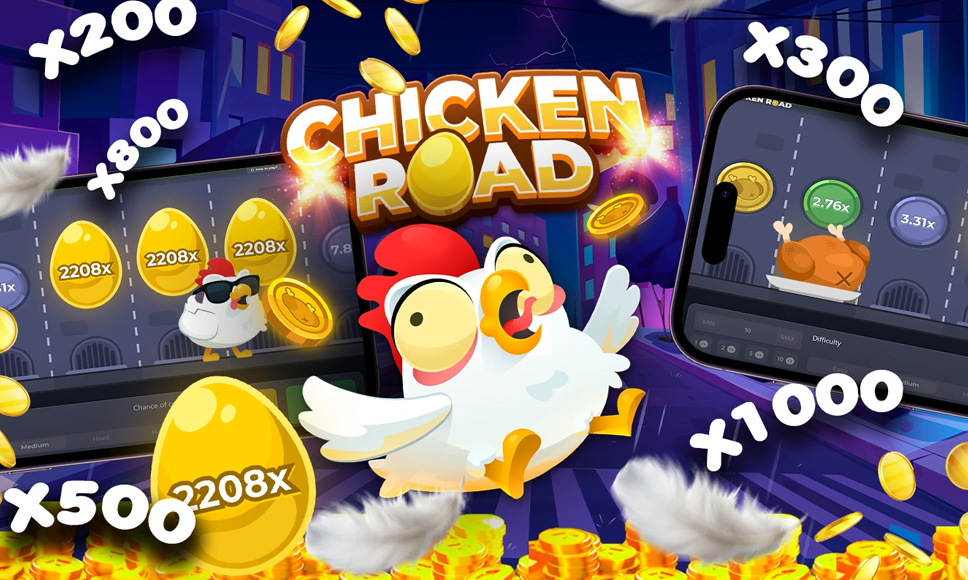 Logo Chicken Road con moltiplicatori, simboli, uova d’oro e monete.