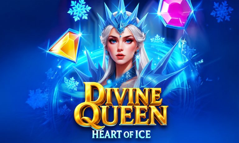 Logo slot Divine Queen Heart of Ice con la regina protagonista, gemme e fiocchi di neve.