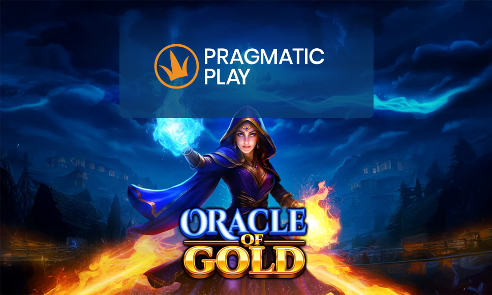 Logo Pragmatic Play e logo Oracle of Gold con la maga protagonista della slot.