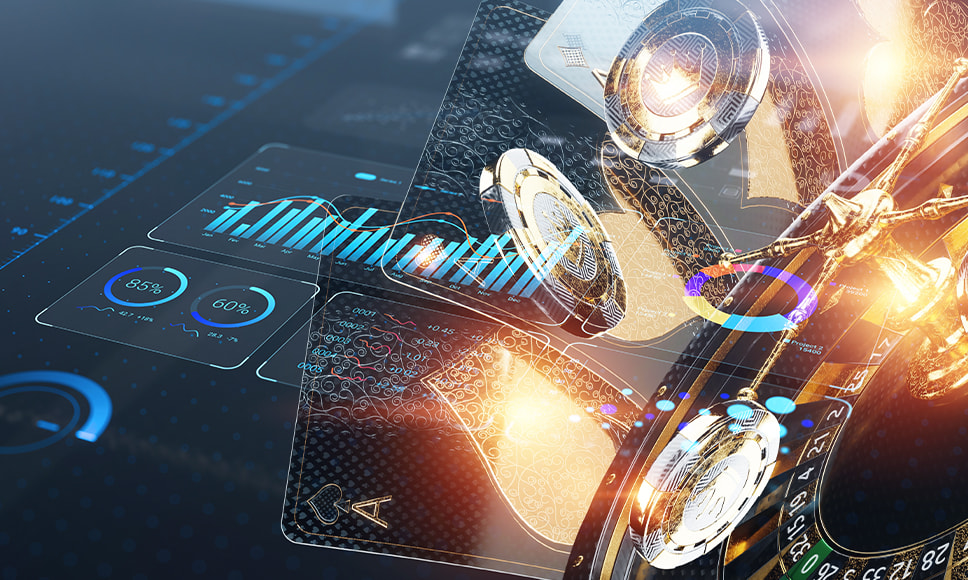 Dati statistici, roulette, carte da gioco e fiches da casinò.