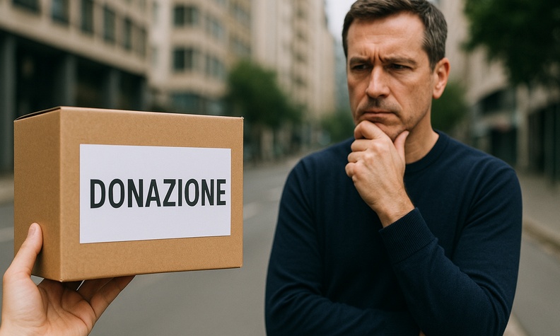 Uomo dubbioso davanti ad una cassetta delle donazioni