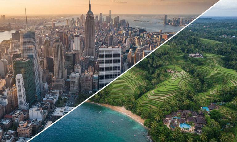 Un panorama di New York e un panorama di Bali.