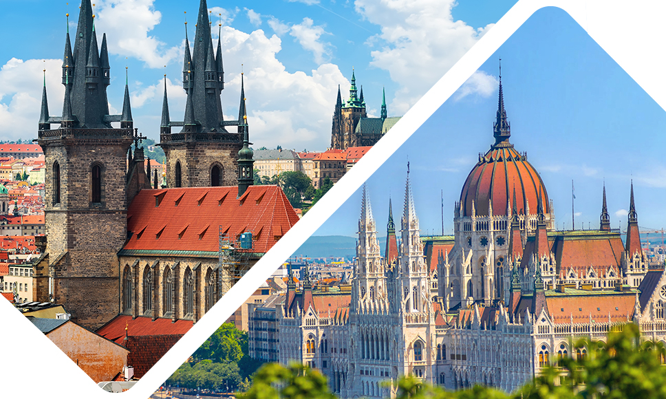 Panorami di Praga e Budapest con monumenti.