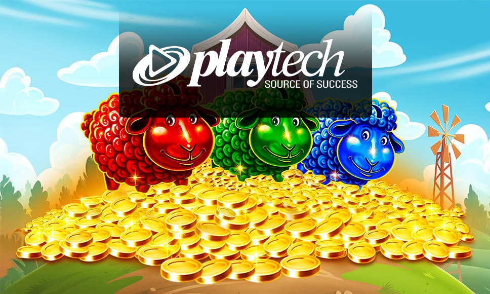 Logo Playtech con le pecorelle colorate della slot Baa Baa Baa e monete d’oro.