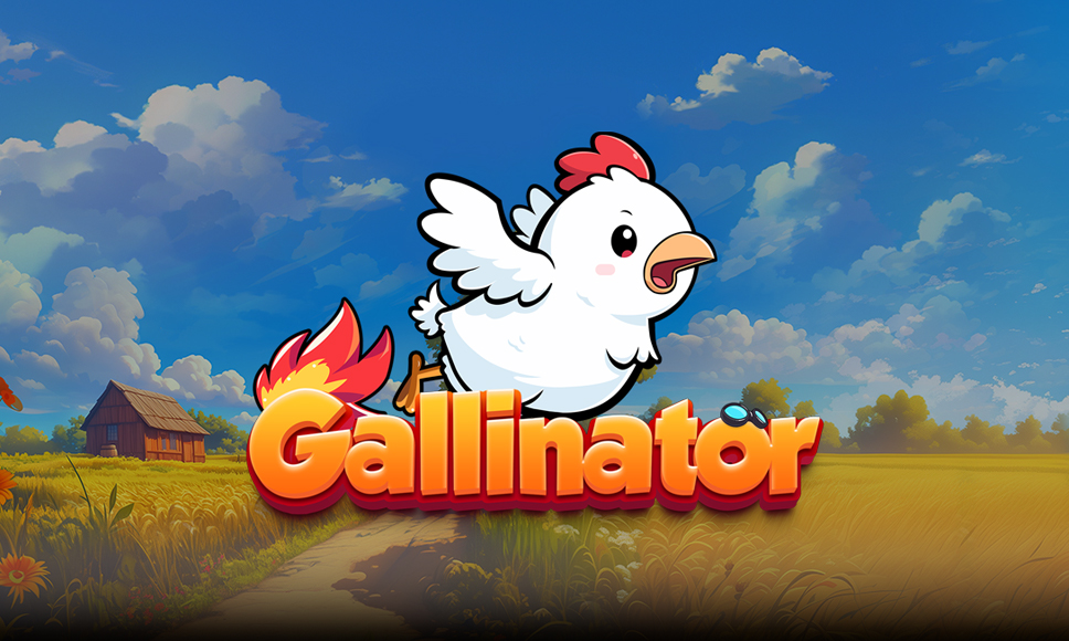 Logo del crash game Gallinator, con il disegno di una gallina che corre e una fattoria sullo sfondo.