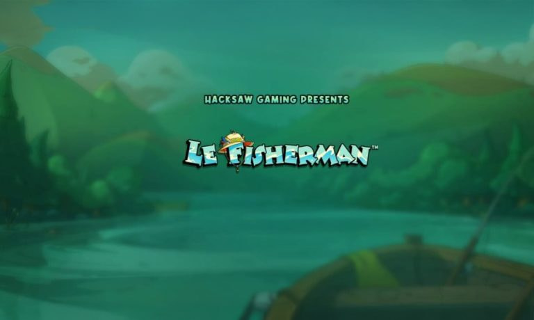 La scritta “Hacksaw Gaming presents” con il logo della slot Le Fisherman e sfondo di uno stagno con una barca.