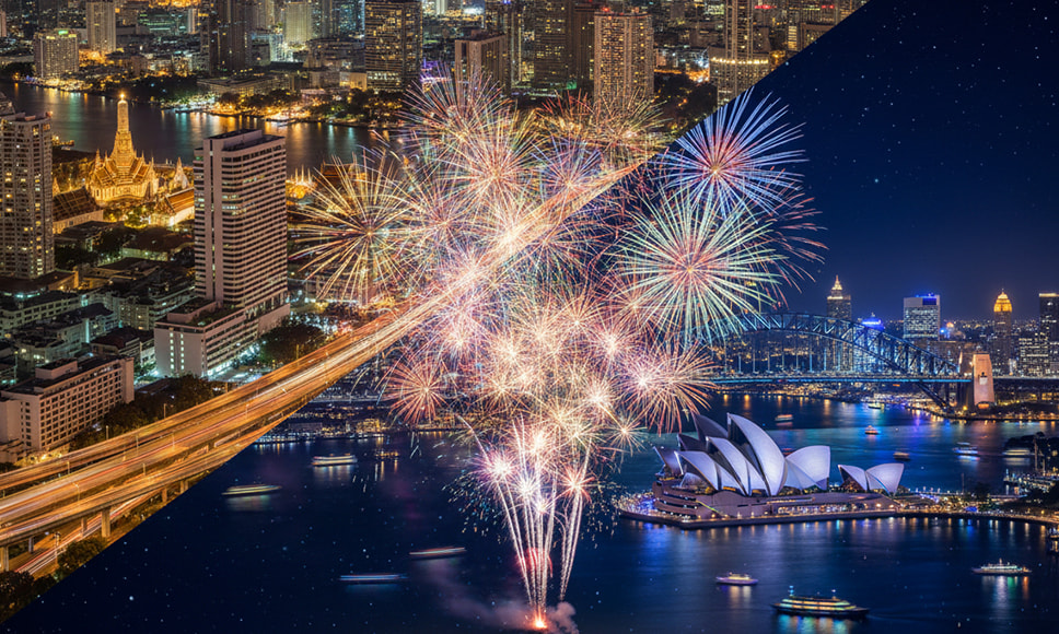 Panorami delle città di Sydney e Bangkok con fuochi d’artificio.
