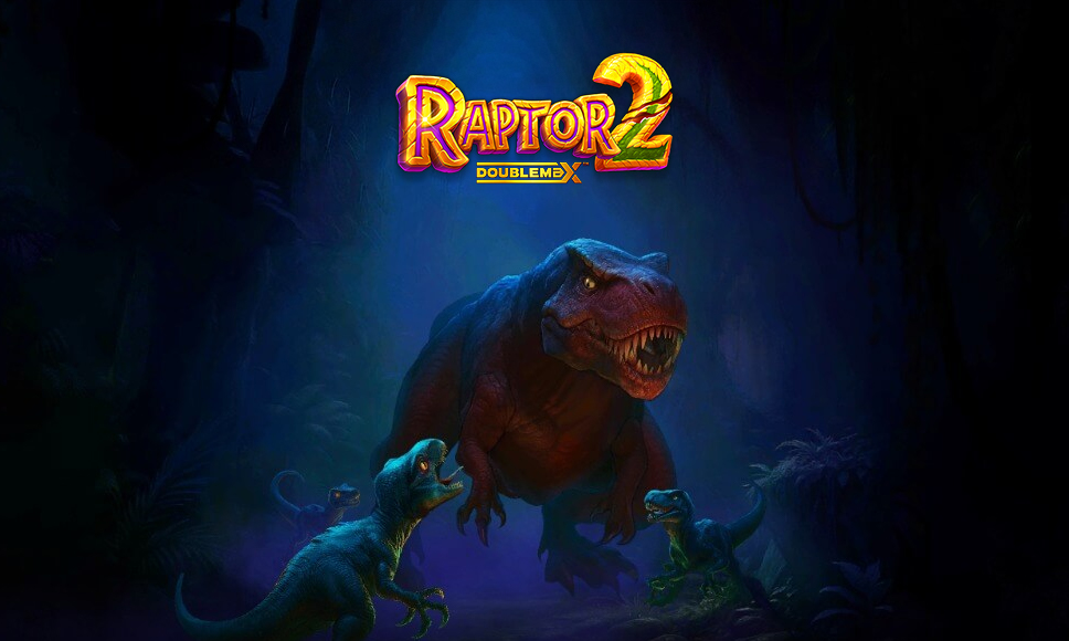 Logo della slot Raptor 2 DoubleMax con i dinosauri protagonisti del gioco.