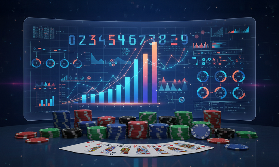 Grafici che indicano una crescita, carte da gioco e fiches da casinò.