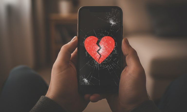 Due mani che reggono uno smartphone con il vetro rotto che mostra un cuore spezzato.