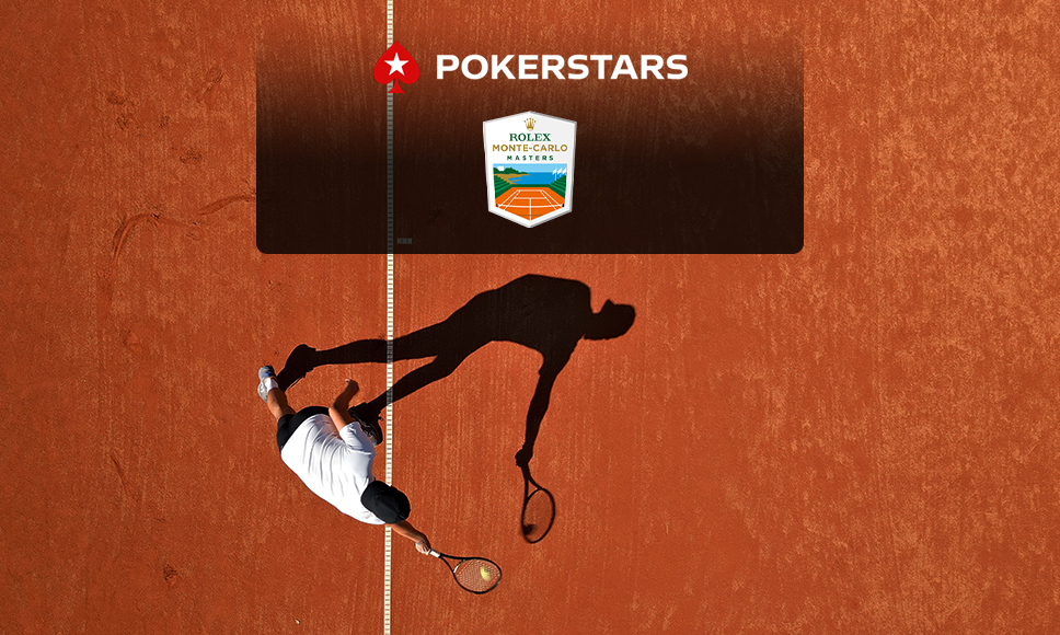 Tennista in azione, logo PokerStars and logo Rolex Monte-Carlo