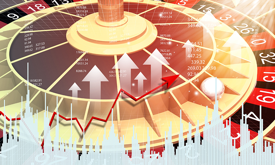 Elaborazione grafica con grafici in ascesa, frecce, numeri e una roulette. 