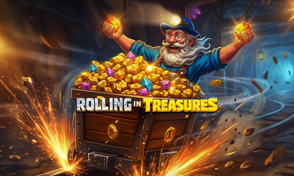 L’ambientazione della slot Rolling in Treasures, con il vagoncino carico di pepite e il cercatore d’oro.