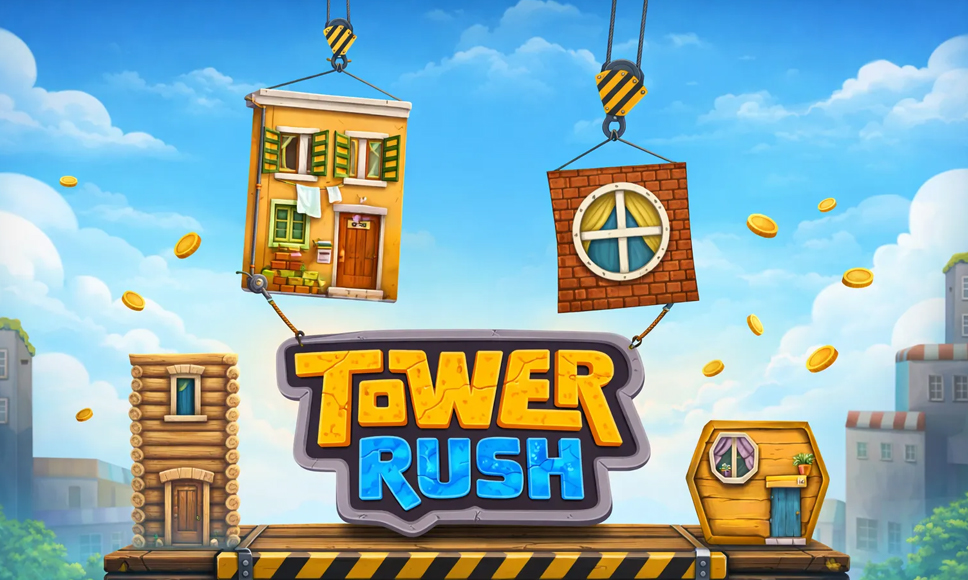 Logo del crash game Tower Rush con monete e simboli di case.