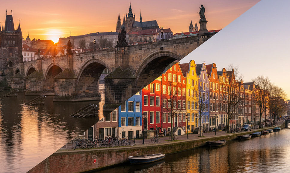Elaborazione grafica con panorama di Praga e panorama di Amsterdam.
