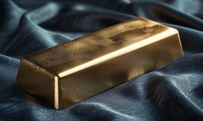Un lingotto d’oro adagiato su un tessuto blu.