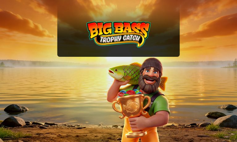 Logo Big Bass Trophy Catch con il pescatore protagonista della slot, con un pesce e una coppa.