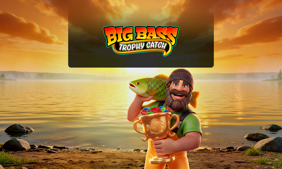 Logo Big Bass Trophy Catch con il pescatore protagonista della slot, con un pesce e una coppa. 