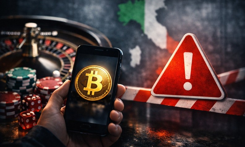 Smartphone con logo Bitcoin, slot e mappa Italia