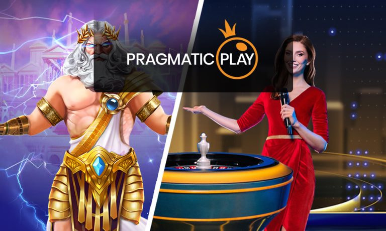 Logo Pragmatic Play, il personaggio di Zeus delle slot online e una presentatrice di casinò dal vivo.