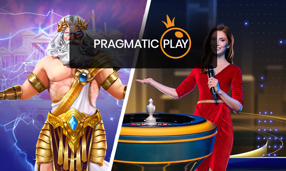 Logo Pragmatic Play, il personaggio di Zeus delle slot online e una presentatrice di casinò dal vivo.