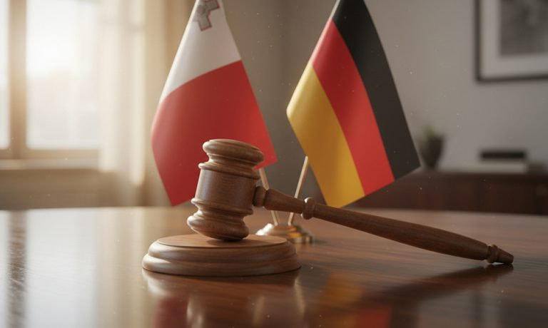Martelletto da giudice su scrivania davanti alle bandiere di Malta e Germania.