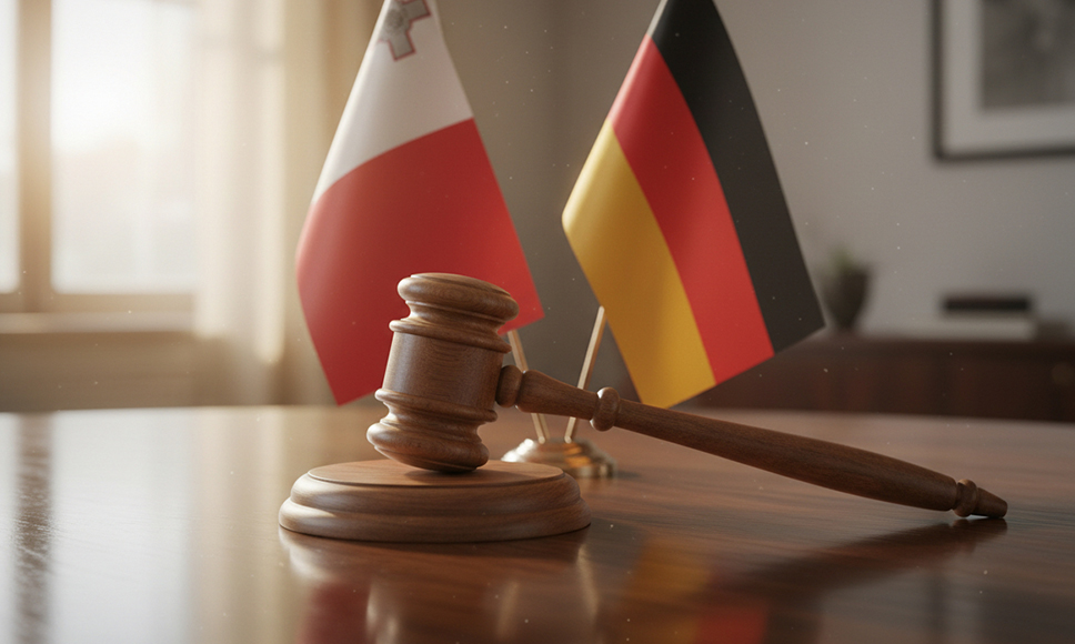 Martelletto da giudice su scrivania davanti alle bandiere di Malta e Germania.
