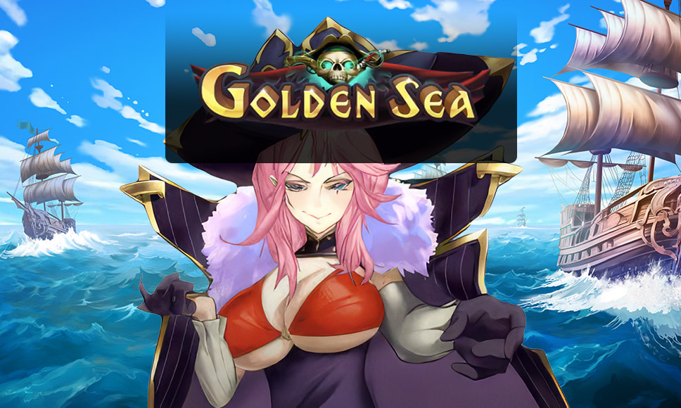 Logo della slot Golden Sea con la piratessa protagonista e sfondo con mare e due velieri.