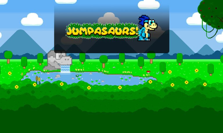 Logo slot Jumpasaurs con dinosauro in un paesaggio verde in pixel art.