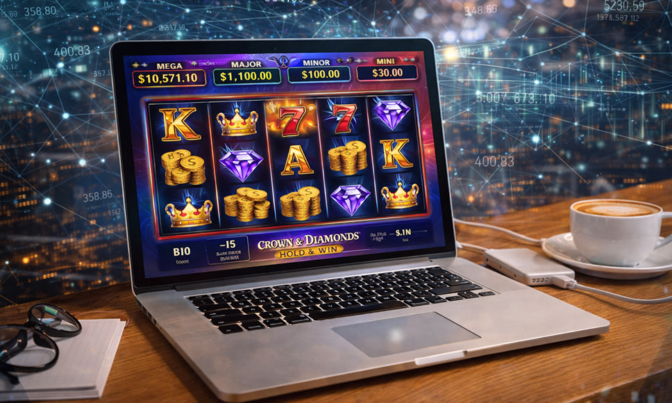 Laptop su scrivania con la schermata di una slot online. Sfondo con connessioni digitali.