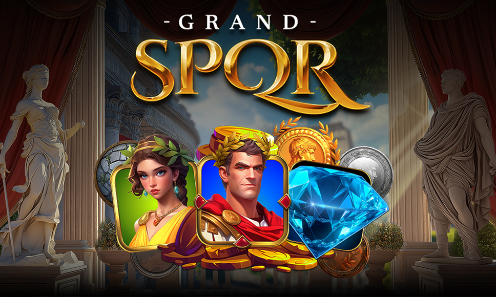 Logo gioco Grand SPQR a tema Roma antica, con icone di imperatore, donna e diamante blu.