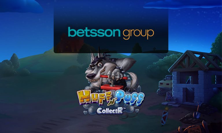 Logo Betsson e logo slot Huff N’ Puff CollectR con il lupo cattivo protagonista del gioco.
