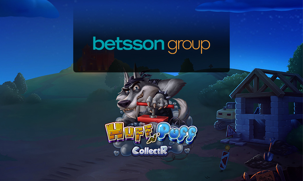Logo Betsson e logo slot Huff N’ Puff CollectR con il lupo cattivo protagonista del gioco.