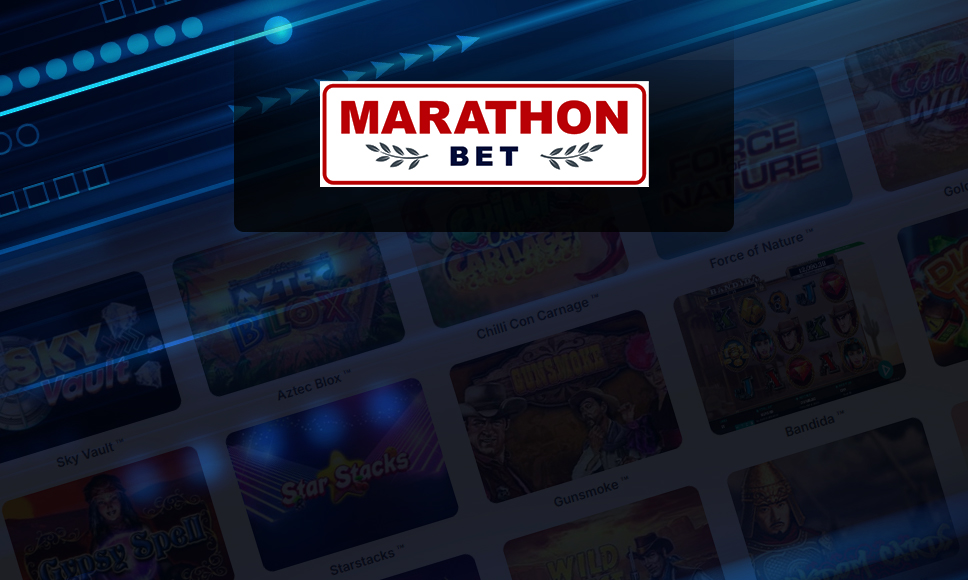 Logo Marathonbet con sfondo di catalogo di giochi da casinò online.