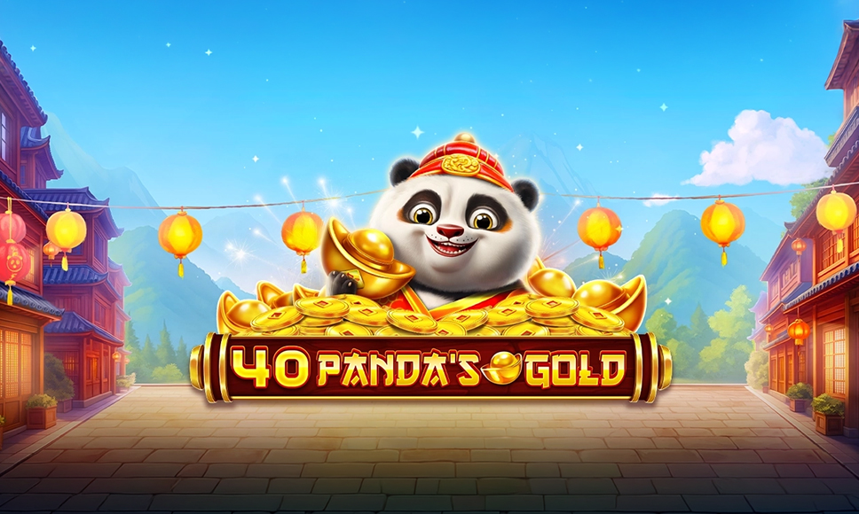Logo della slot Panda’s Gold con il panda protagonista del gioco con monete d’oro e lingotti.