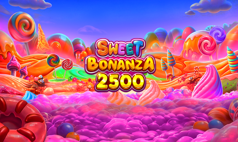 Logo slot Sweet Bonanza 2500 su sfondo di paesaggio di dolciumi, lecca-lecca e nuvole rosa.